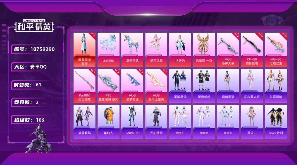 和平精英账号安卓QQ[18759290]61套装/枪械8/装备122/载具2/战备61/王牌印记8/热力值33593/三级AUG-星梦奇缘/一级AUG-圣斗士星矢/三级P90-魔童闹海 敖丙/四级Kar98K-巳巳如意/