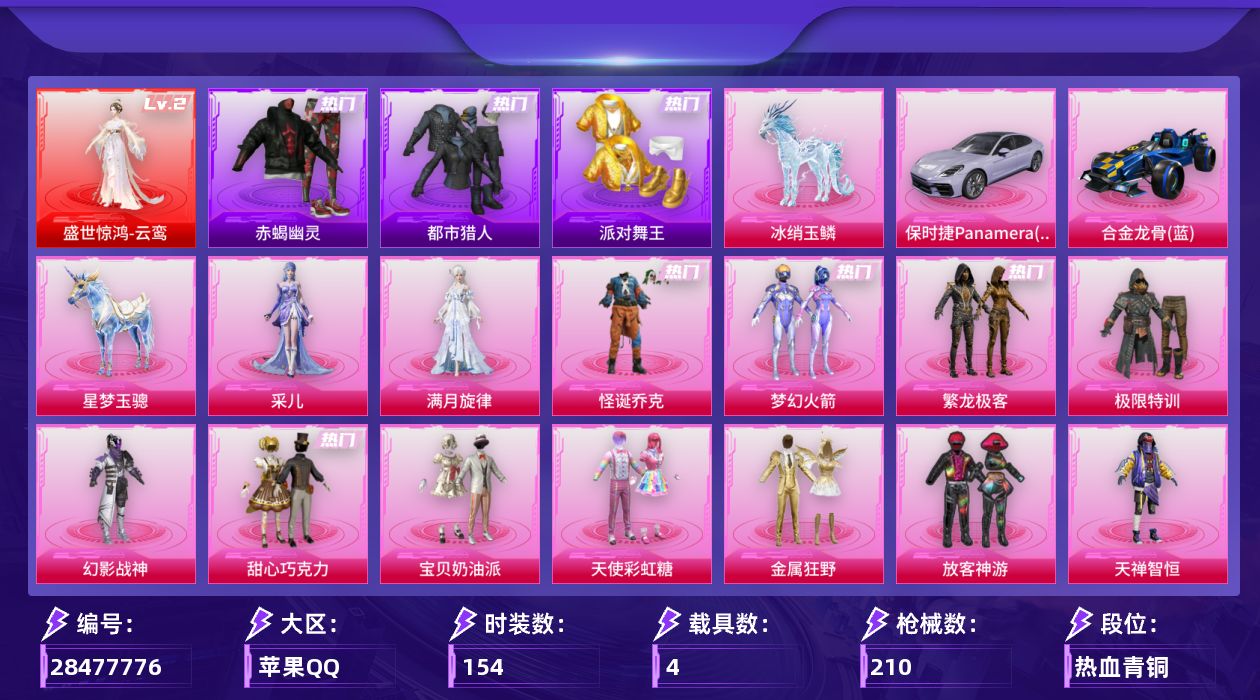 [28477776]苹果手Q-1神装-18粉装-17特效枪-4载具-11粉色飞行器-79128热力值-8王牌印记-154套装-210枪皮
【红色神装等级】：盛世惊鸿-云鸾(二级)
【红色角色神装】：盛世惊鸿-云鸾
【热门品类】：粉装-怪诞乔克，粉装-梦幻火箭，粉装-繁龙极客，套装-浪漫天命，套装-赤蝎幽灵，套装-都市猎人，套装-派对舞王，套装-小丑鱼，套装-金羽特工，套装-忍者信条
【粉色套装】：角色-满月旋律，粉装-极限特训，粉装-幻影战神，粉装-怪诞乔克，粉装-甜心巧克力，粉装-宝贝奶油派，粉装-天使彩虹糖，粉装-梦幻火箭，粉装-金属狂野，粉装-放客神游，粉装-天禅智恒，粉装-绚金战神，粉装-繁龙极客，角色-凤凰座 一辉，粉装-星穹咏叹调，角色-罗征，角色-绯穹魔姬，角色-采儿
【粉色枪皮等级】：SCAR-L-金蛇镇世(三级)，M416-风花雪月(七级)，AUG-星之彼岸(三级)，AUG-星梦奇缘(六级)，AUG-圣斗士星矢(一级)，AUG-全息游灵(五级AKM-满月旋律)，AC-VAL-君莫笑(一级)，ACE32-萌骑漫游(二级)，AKS-74U-森灵之息(五级)，Kar98K-巳巳如意(五级)，Mk14-盛世惊鸿(二级)，Mk14-福马献瑞(五级)，AA12-G-其乐融融(五级)，DP-28-豹影疾电(五级)，信号枪-金乌曜日(二级)，燃烧瓶-薄荷可可(七级)，破片手榴弹-招财进宝(六级)
【粉色载具】：保时捷Panamera（星辰紫），合金龙骨（蓝），僚机-冰龙团团，星梦玉骢，冰绡玉鳞
【粉色枪皮】：AKM-满月旋律，SCAR-L-金蛇镇世，M416-风花雪月，AUG-星之彼岸，AUG-星梦奇缘，AUG-圣斗士星矢，AC-VAL-君莫笑，ACE32-萌骑漫游，AKS-74U-森灵之息，Kar98K-巳巳如意，Mk14-盛世惊鸿，Mk14-福马献瑞，AA12-G-其乐融融，DP-28-豹影疾电，信号枪-金乌曜日，燃烧瓶-薄荷可可，破片手榴弹-招财进宝
【粉色飞行器】：香车宝马飞行器，炫彩糖果飞行器，满月旋律飞行器，繁龙极客飞行器，凤舞九天飞行器，万象金身飞行器，灵珠游龙飞行器，暮色之舞飞行器，踏卷乘风飞行器，星罗盘飞行器
【粉色降落伞】：满月旋律降落伞，极限特训降落伞，幻影战神降落伞，甜心宝贝降落伞，梦幻火箭降落伞，星之彼岸降落伞，沙丘之主降落伞，繁龙极客降落伞，星梦奇缘降落