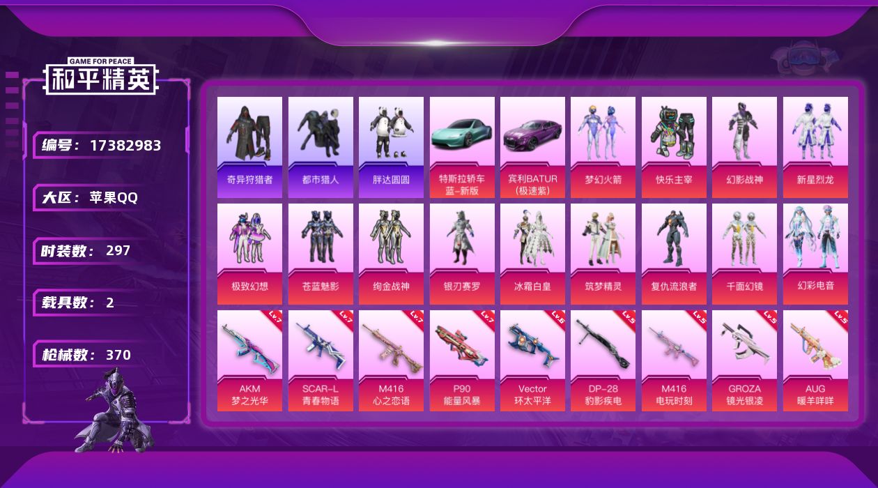 和平精英账号苹果QQ[17382983]苹果 手Q-13粉装-15特效枪-2载具-10粉色飞行器-128998热力值-18王牌印记-297套装-370枪皮
【热门品类】：粉装-梦幻火箭，绝对防御上衣，套装-浪漫天命，套装