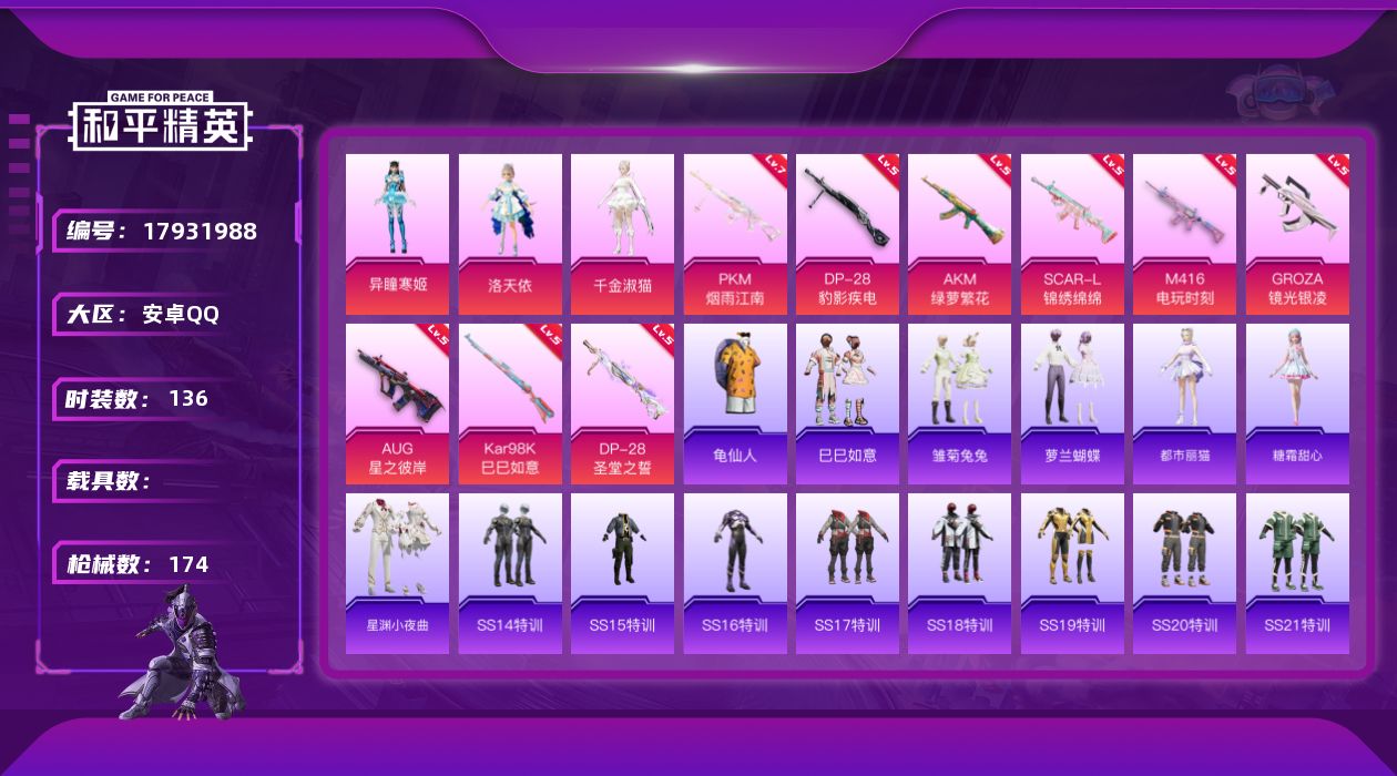 和平精英账号安卓QQ[17931988]安卓 手Q-3粉装-11特效枪-0载具-2粉色飞行器-55267热力值-4王牌印记-136套装-174枪皮
【热门品类】：套装-龟仙人
【粉色套装】：角色-洛天依，角色-千金淑猫，