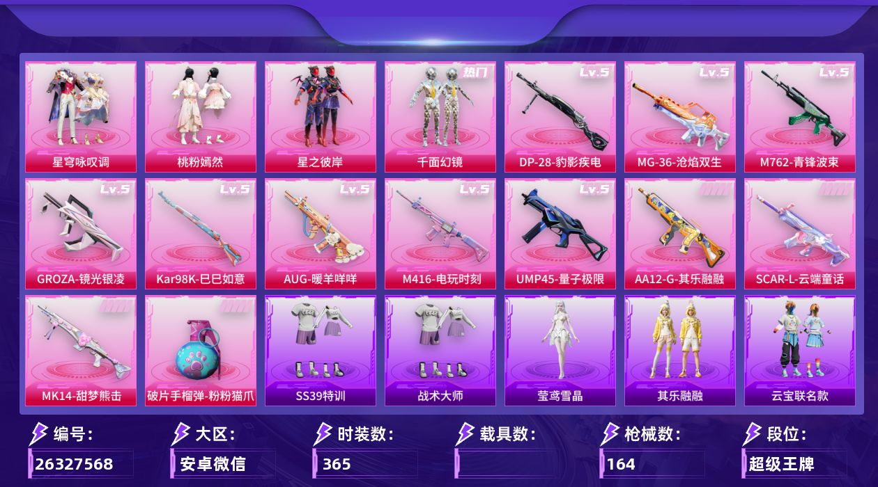 和平精英账号安卓微信0载具-94套装-164枪皮-1稀有4粉装13特效枪6热门94套装164枪皮 47564热力值 6印