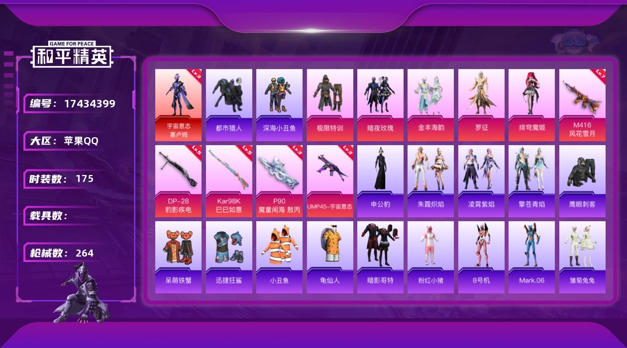 和平精英账号苹果QQ[17434399]苹果 手Q-1神装-5粉装-8特效枪-0载具-5粉色飞行器-75342热力值-19王牌印记-175套装-264枪皮
【红色神装等级】：宇宙意志-塞卢姆(三级)
【红色角色神装】：宇