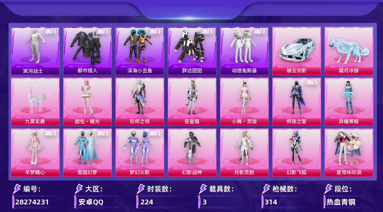[28274231]安卓手Q-历史最高段位：超级王牌21星-14粉装-26特效枪-3载具-6粉色飞行器-90353热力值-10王牌印记-224套装-314枪皮
【热门品类】：粉装-雪国幻梦，粉装-梦幻火箭，套装-浪漫天命，套装-都市猎人，套装-冥河战士，套装-深海小丑鱼，套装-小丑鱼，套装-胖达团团，套装-忍者信条，套装-动感兔斯基人偶服，套装-暗影哥特，熔岩游骑兵连帽夹克
【粉色套装】：角色-灰烬之翎，粉装-幻影战神，粉装-雪国幻梦，粉装-梦幻火箭，角色-月影灵韵，粉装-幻影飞狐，粉装-星穹咏叹调，角色-荧海星豚，角色-羊梦糖心，角色-异瞳寒姬，角色-烬夜之誓，人物-小舞·灵珑，角色-吾皇猫，人物-甜包·暖光
【粉色枪皮等级】：AKM-梦之光华(五级)，SCAR-L-云端童话(五级)，M416-剑灵(三级)，GROZA-圣辉之星(五级)，蜜獾-异瞳寒姬(四级)，Famas-天象三御(五级)，ACE32-萌骑漫游(三级)，ARX-无垠阁(五级)，UMP45-萌骑冒险(三级)，Vector-流风之羽(四级)，汤姆逊-热量炸弹(五级)，汤姆逊-玉魄流云(三级)，野牛-吾皇猫(四级)，AKS-74U-星穹咏叹调(四级)，AKS-74U-无垠阁(三级)，AKS-74U-森灵之息(五级)，Kar98K-巳巳如意(五级)，Mk14-福马献瑞(五级)，M417-灰烬之翎(三级)，SVD-月影灵韵(五级)，AA12-G-萌骑幻想(二级)，AA12-G-其乐融融(一级)，DP-28-豹影疾电(五级)，PKM-萌骑夺宝(二级)，MG-36-幻彩电音(五级)，MG-36-沧焰双生(五级)
【粉色载具】：破云剑影，九霄玄鹿，霜月冰狼
【粉色枪皮】：AKM-梦之光华，SCAR-L-云端童话，M416-剑灵，GROZA-圣辉之星，蜜獾-异瞳寒姬，Famas-天象三御，ACE32-萌骑漫游，ARX-无垠阁，UMP45-萌骑冒险，Vector-流风之羽，汤姆逊-热量炸弹，汤姆逊-玉魄流云，野牛-吾皇猫，AKS-74U-星穹咏叹调，AKS-74U-无垠阁，AKS-74U-森灵之息，Kar98K-巳巳如意，Mk14-福马献瑞，M417-灰烬之翎，SVD-月影灵韵，AA12-G-萌骑幻想，AA12-G-其乐融融，DP-28-豹影疾电，PKM-萌骑夺宝，MG-36-幻彩电音，MG-36-沧焰双生
【粉色飞行器】：炫彩糖果飞