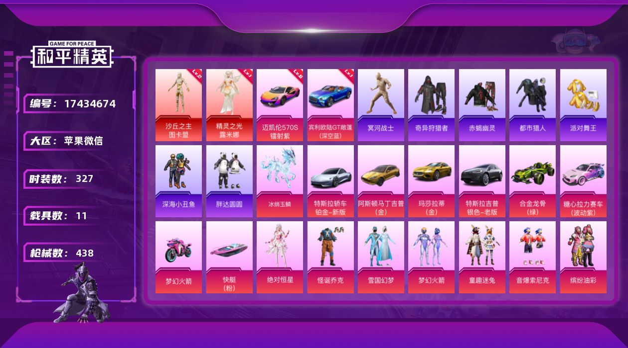 和平精英账号苹果微信[17434674]可二次【特价出售/店主推荐】苹果 微信-无敌战神框-2神装-50粉装-35特效枪-11载具-21粉色飞行器-205205热力值-25王牌印记-327套装-438枪皮
【红色载具】：