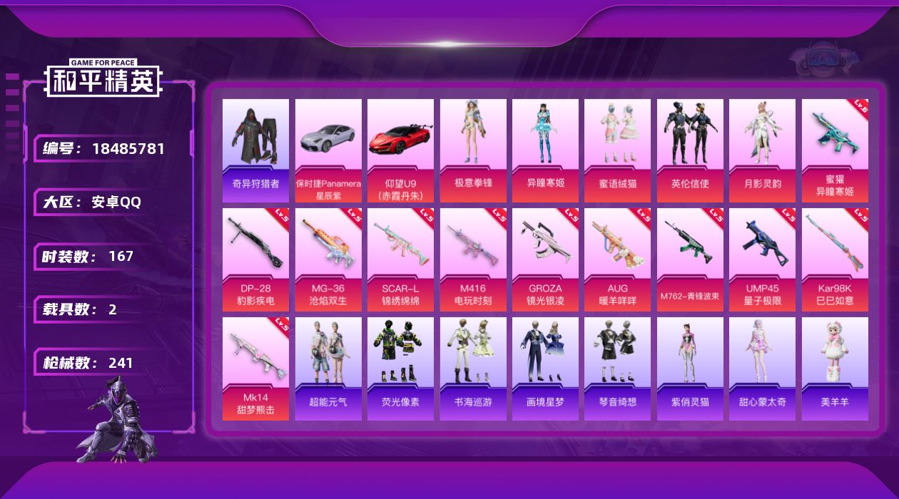 和平精英账号安卓QQ[18485781]安卓 手Q-5粉装-12特效枪-2载具-4粉色飞行器-74651热力值-11王牌印记-167套装-241枪皮
【热门品类】：套装-奇异狩猎者，套装-龟仙人，套装-暗影哥特，套装-粉