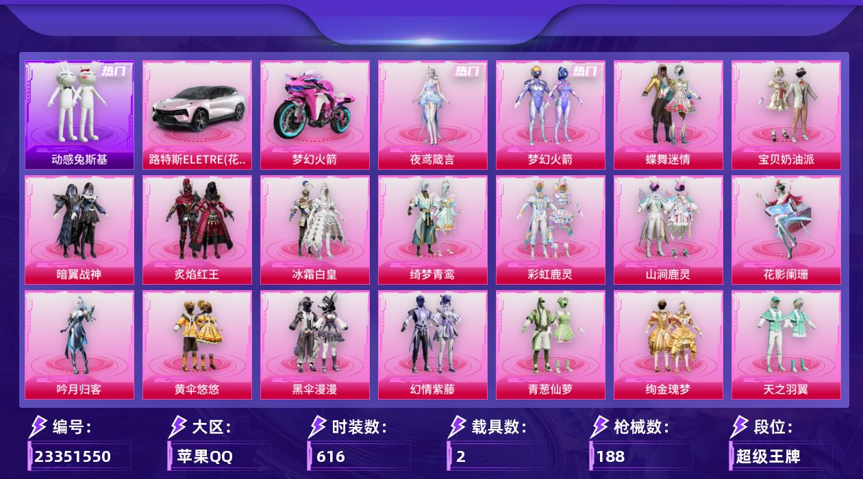 和平精英账号苹果QQ[23351550]【精品号手慢无】漂亮女号，热力值74902，载具：双人摩托-梦幻火箭,路特斯EL