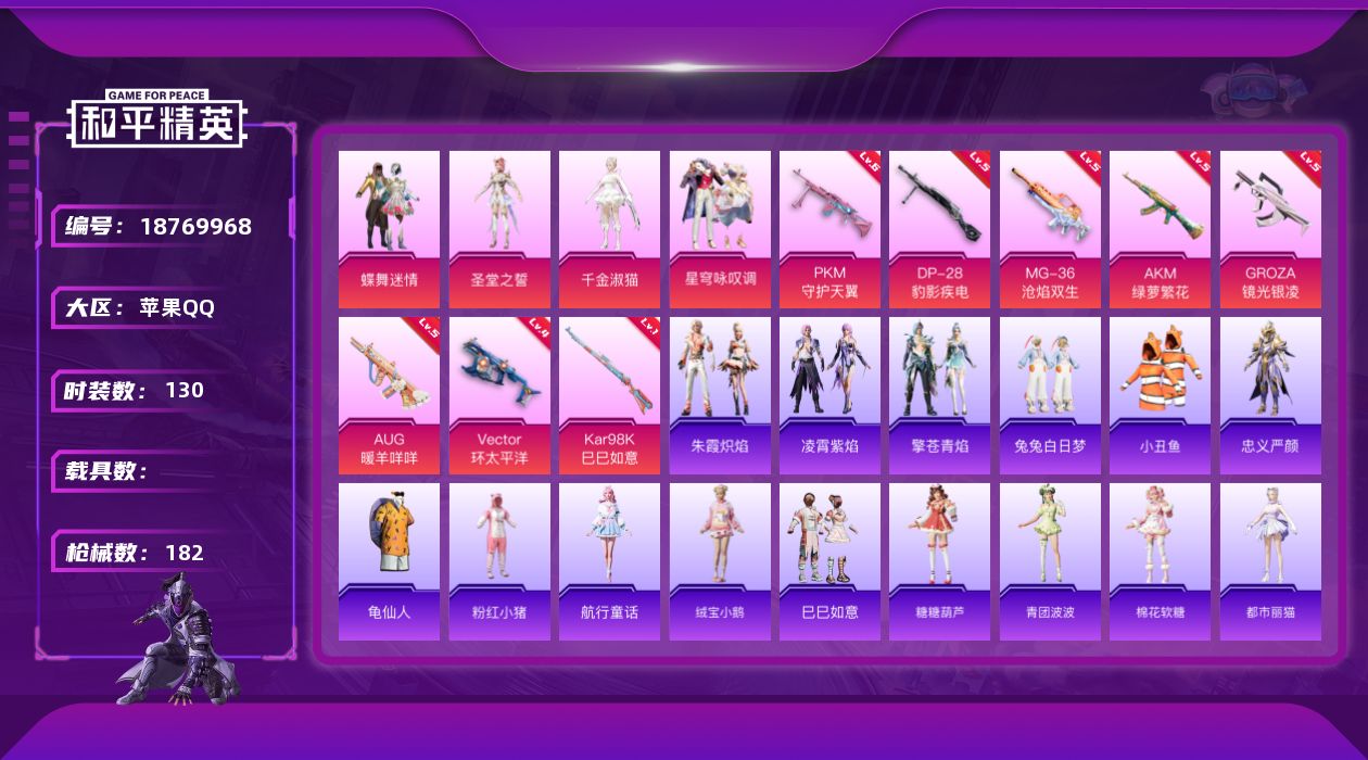 和平精英账号苹果QQ[18769968]苹果 手Q-4粉装-10特效枪-0载具-2粉色飞行器-55270热力值-13王牌印记-130套装-182枪皮
【热门品类】：套装-小丑鱼，角色-忠义严颜，套装-龟仙人，套装-粉红小