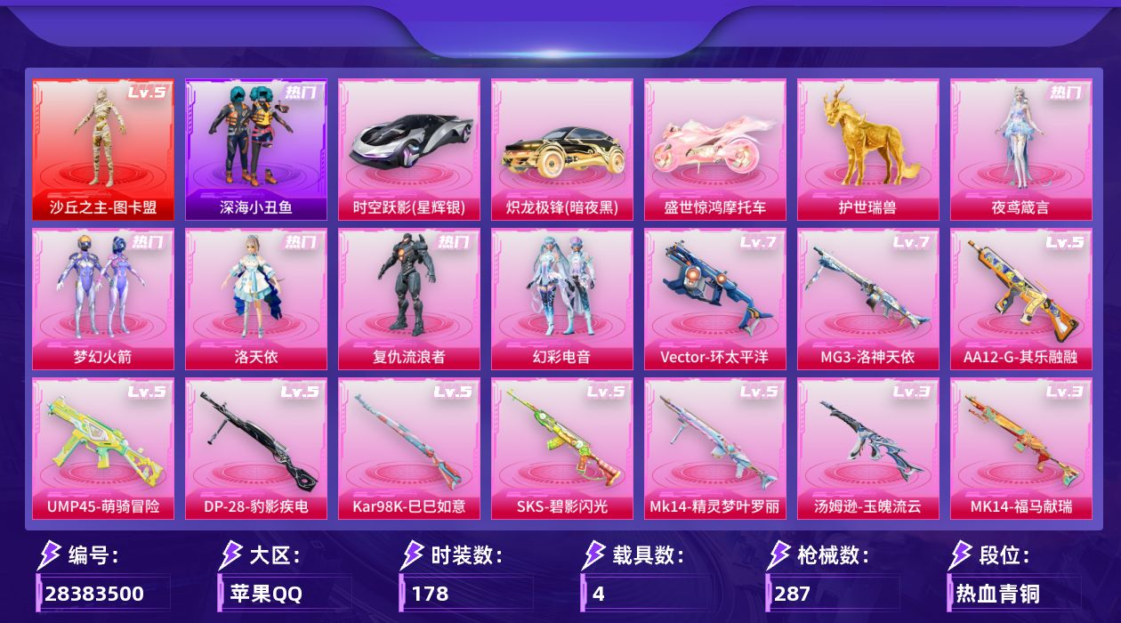 [28383500]苹果手Q-历史最高段位：绝世王牌23星-1神装-5粉装-13特效枪-4载具-9粉色飞行器-95065热力值-15王牌印记-178套装-287枪皮
【红色神装等级】：沙丘之主-图卡盟(五级)
【红色角色神装】：沙丘之主-图卡盟
【热门品类】：粉装-梦幻火箭，套装-深海小丑鱼，套装-小丑鱼，角色-军刀雅典娜，套装-龟仙人
【粉色套装】：粉装-梦幻火箭，角色-洛天依，角色-复仇流浪者，粉装-幻彩电音，角色-夜鸢箴言
【粉色枪皮等级】：SCAR-L-金蛇镇世(三级)，M416-墨龙九天(三级)，UMP45-萌骑冒险(五级)，Vector-环太平洋(七级)，Vector-流风之羽(五级)，汤姆逊-玉魄流云(三级)，Kar98K-巳巳如意(五级)，SKS-碧影闪光(五级)，Mk14-精灵梦叶罗丽(五级)，Mk14-福马献瑞(三级)，AA12-G-其乐融融(五级)，DP-28-豹影疾电(五级)，MG3-洛神天依(七级)
【粉色载具】：时空跃影（星辉银），炽龙极锋（暗夜黑），盛世惊鸿摩托车，护世瑞兽
【粉色枪皮】：SCAR-L-金蛇镇世，M416-墨龙九天，UMP45-萌骑冒险，Vector-环太平洋，Vector-流风之羽，汤姆逊-玉魄流云，Kar98K-巳巳如意，SKS-碧影闪光，Mk14-精灵梦叶罗丽，Mk14-福马献瑞，AA12-G-其乐融融，DP-28-豹影疾电，MG3-洛神天依
【粉色飞行器】：酣梦熊熊飞行器，炫彩糖果飞行器，祥瑞起舞飞行器，梦幻火箭飞行器，星之彼岸飞行器，齐天大圣飞行器，镜光幻境飞行翼，万象金身飞行器，雀灵庇佑飞行器
【粉色降落伞】：满月旋律降落伞，灰烬之翎降落伞，破风疾驰降落伞，梦幻火箭降落伞，星之彼岸降落伞，怪笑疯兔降落伞，洛神天依降落伞，环太平洋降落伞，彩虹甜喵降落伞，暗夜鎏金降落伞，飒粉甜心降落伞，变形金刚降落伞，炫光之旅降落伞，精灵梦叶罗丽降落伞，创世·救赎降落伞，未来领航者降落伞，临安公主降落伞，金蛇镇世降落伞，智耀战神降落伞，星穹咏叹调降落伞，幻彩电音降落伞，冷漠罗丽降落伞，喜羊羊与灰太狼降落伞，炫彩糖果降落伞，君莫笑降落伞，吾皇猫降落伞
【稀有套装】：套装-龟仙人，套装-巳巳如意，套装-雪国风尚，套装-炫彩糖果，套装-迅捷龙虾，套装-遗迹猎人，套装-云宝联名款，套装-其乐融融，套装-彩旗巡礼，套装-恋语绒绒，套装-流萤和鸣，套装-荒原