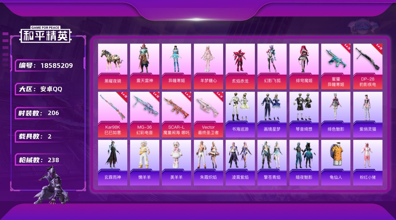 和平精英账号安卓QQ[18585209]安卓 手Q-1神装-9粉装-8特效枪-2载具-10粉色飞行器-84447热力值-14王牌印记-206套装-238枪皮
【红色神装等级】：暮色玫影-艾丽娅(二级)
【红色角色神装】：