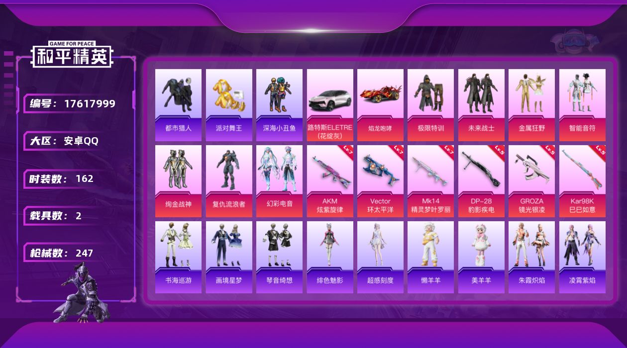 和平精英账号安卓QQ[17617999]安卓 手Q-8粉装-10特效枪-2载具-2粉色飞行器-77136热力值-17王牌印记-162套装-247枪皮
【热门品类】：套装-浪漫天命，套装-都市猎人，套装-派对舞王，套装-深