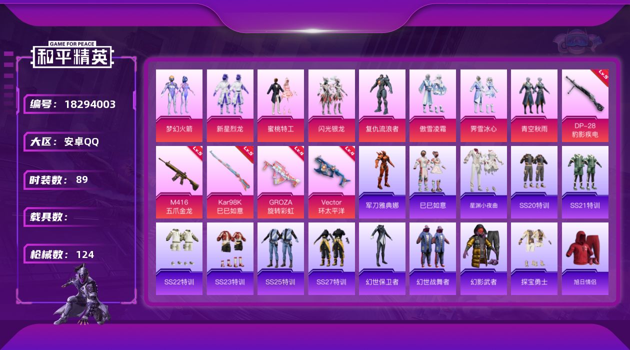 和平精英账号安卓QQ[18294003]安卓 手Q-9粉装-7特效枪-0载具-1粉色飞行器-40079热力值-1王牌印记-89套装-124枪皮
【热门品类】：粉装-梦幻火箭，角色-军刀雅典娜
【粉色套装】：粉装-梦幻火箭