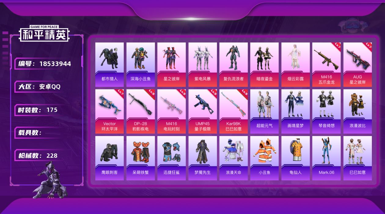 和平精英账号安卓QQ[18533944]安卓 手Q-5粉装-10特效枪-0载具-2粉色飞行器-68873热力值-15王牌印记-175套装-228枪皮
【热门品类】：套装-浪漫天命，套装-都市猎人，套装-深海小丑鱼，套装-