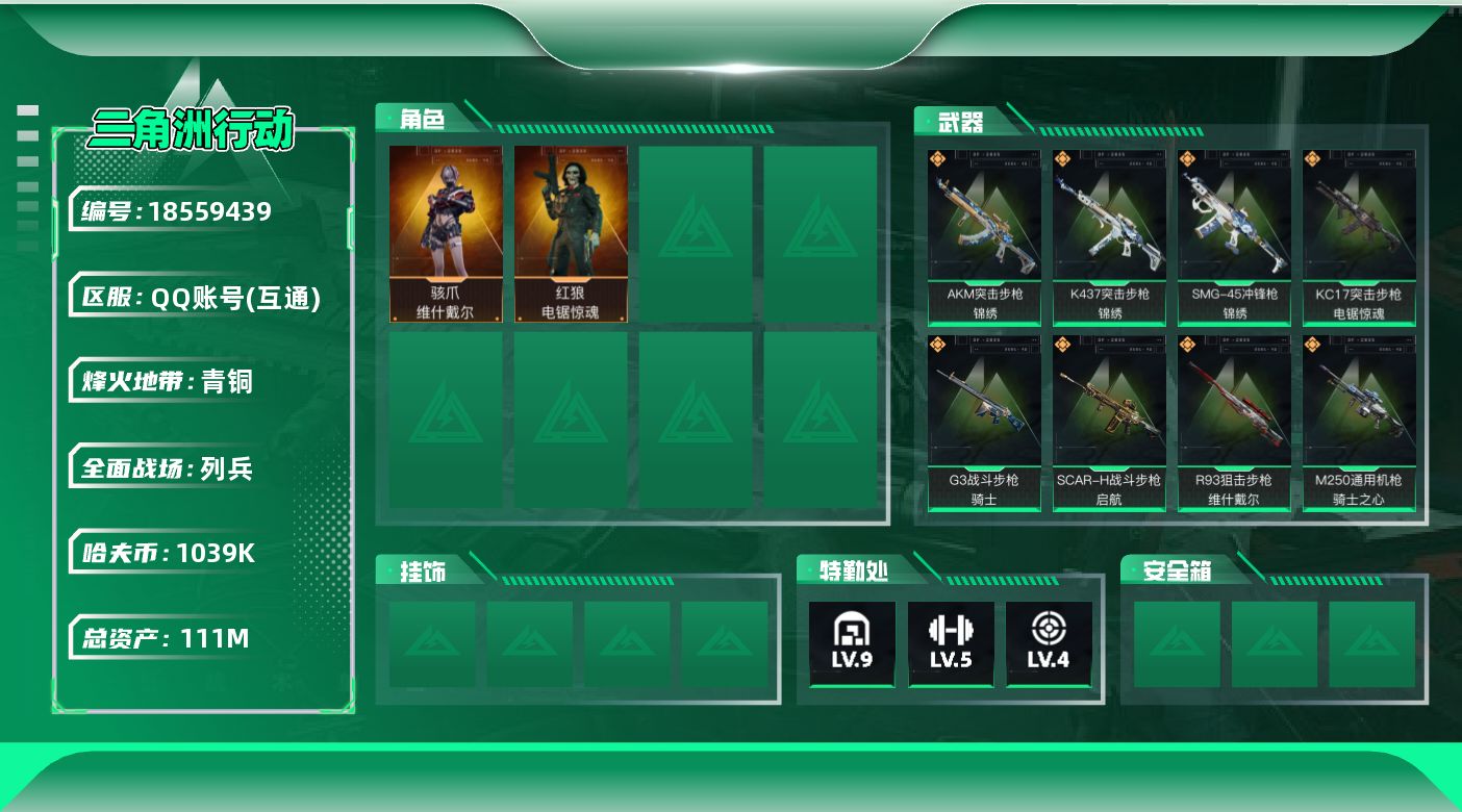 三角洲行动账号QQ总资产111M/哈夫币103万/传说枪皮数9/战场等级15/行动等级60/安全箱等时效性道具以游戏内数据为准，详情请看图/骇爪-维什戴尔/红狼-电锯惊魂/近战-黑鹰/M4A1突击步枪-阿米娅/AKM突