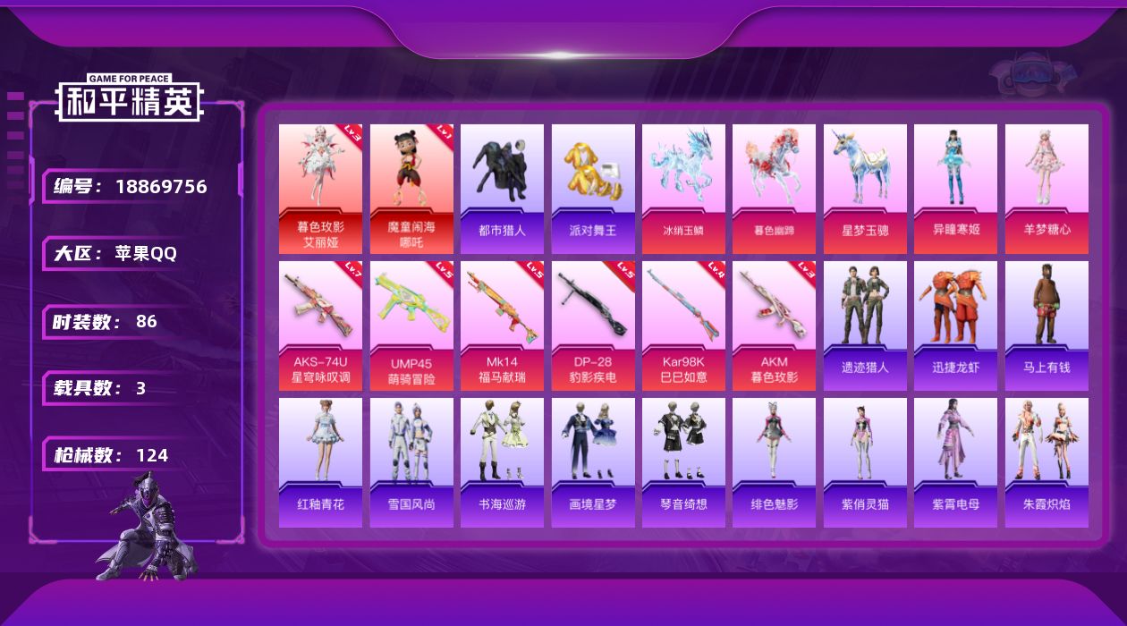 和平精英账号苹果QQ[18869756]DAS12068  苹果Q-可二次 2红装3稀有3载具2粉装6特效枪7热门86套装124枪皮 AKM-暮色玫影 (3级) 满级AKS-74U-星穹咏叹调 (7级) 43736热力值