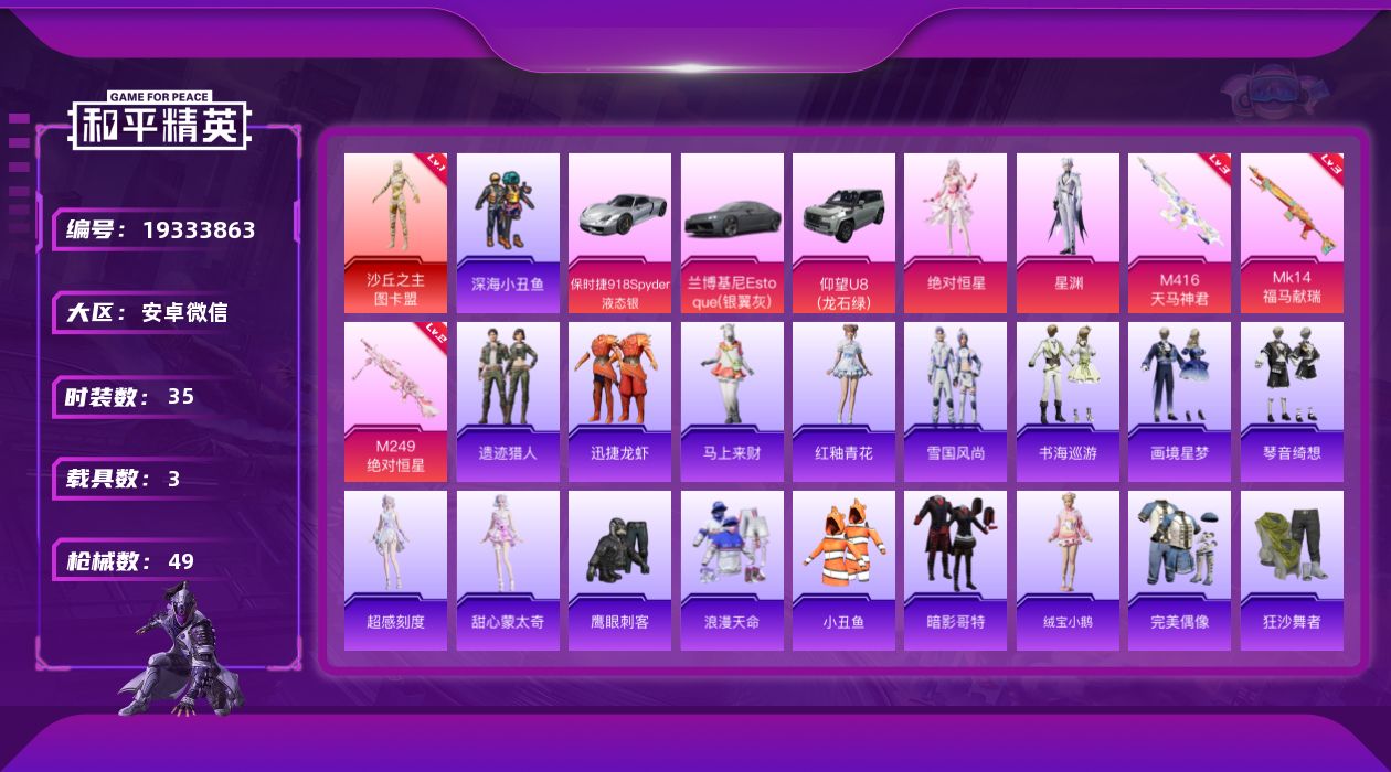 和平精英账号安卓微信W16680  可立即换绑无需挂单养号  安卓 微信-1神装-2粉装-3特效枪-3载具-2粉色飞行器