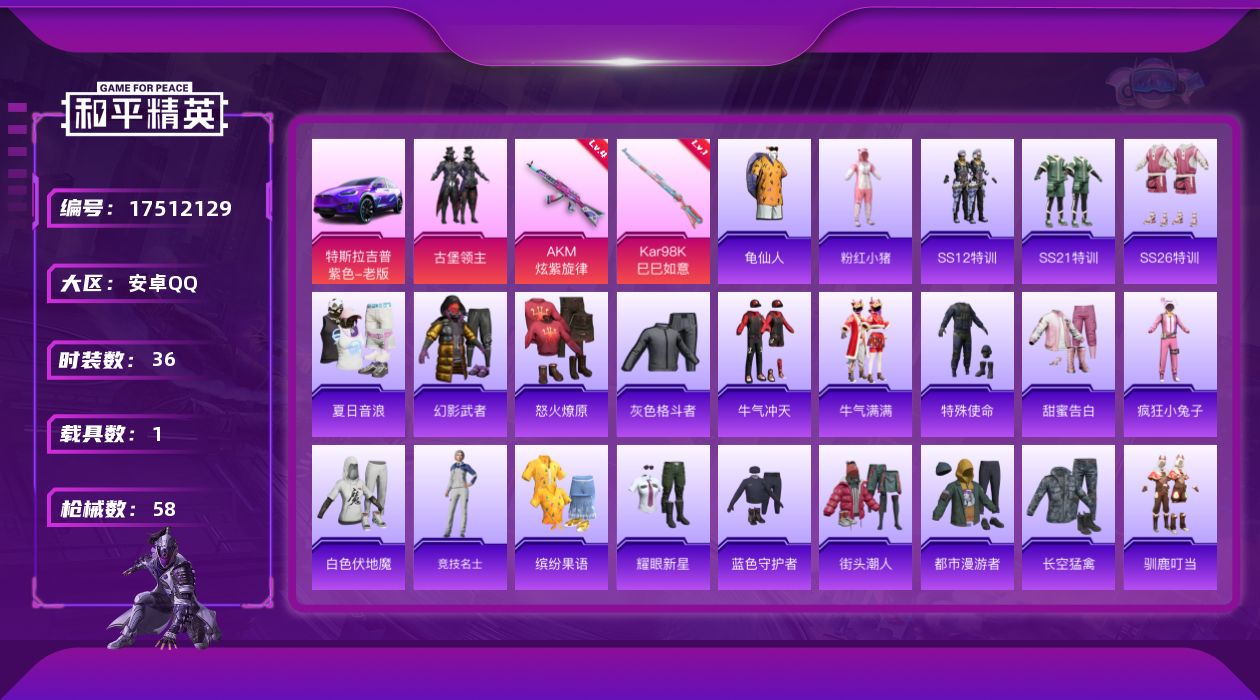 和平精英账号安卓QQ[17512129]【特价出售/店主推荐】安卓 手Q-1粉装-2特效枪-1载具-1粉色飞行器-19500热力值-2王牌印记-36套装-58枪皮
【热门品类】：套装-龟仙人，套装-粉红小猪
【粉色套装】