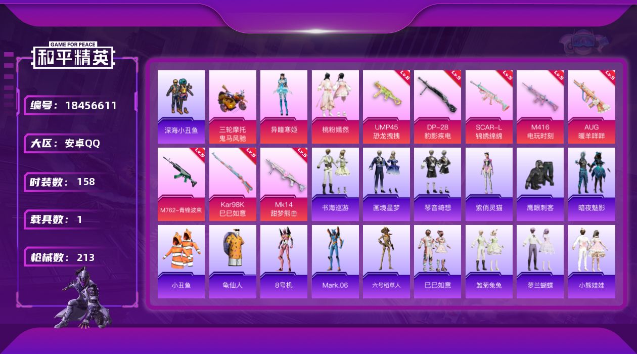 和平精英账号安卓QQ[18456611]【特价出售/店主推荐】安卓 手Q-2粉装-10特效枪-1载具-1粉色飞行器-63157热力值-14王牌印记-158套装-213枪皮【热门品类】：套装-深海小丑鱼，套装-小丑鱼，套装