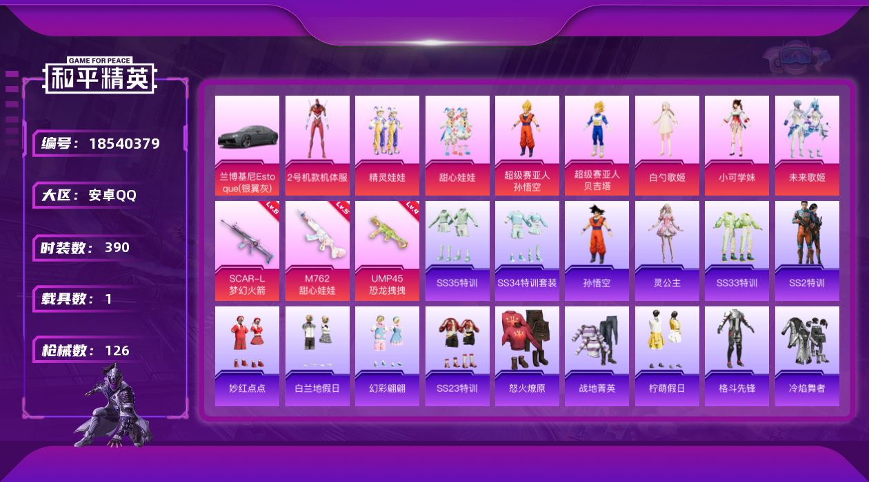 和平精英账号安卓QQ[18540379]1载具-104套装-126枪皮--1稀有1载具7粉装3特效枪8热门104套装12