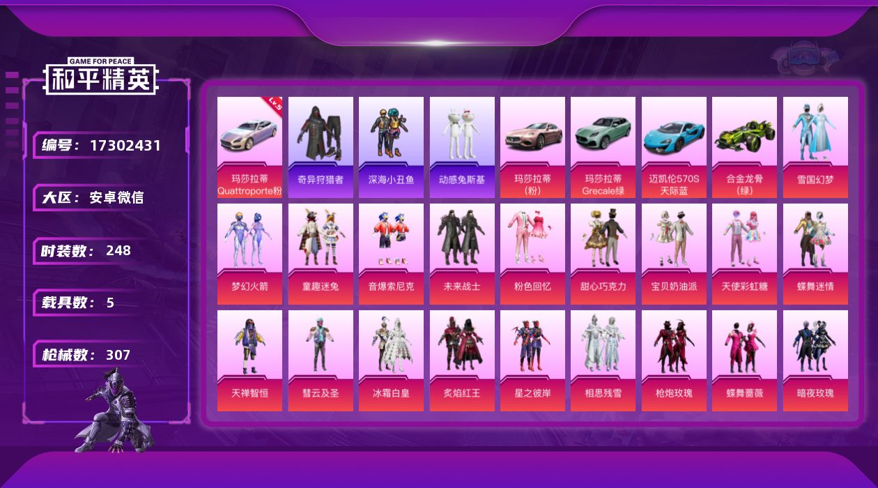 和平精英账号安卓微信[17302431]5级玛莎幻星粉/雪国/哥特/奇异/童趣迷兔头盔/特价急出！详情看图！身法素材号！安卓 微信-68粉装-32特效枪-5载具-6粉色飞行器-135026热力值-13王牌印记-248套装