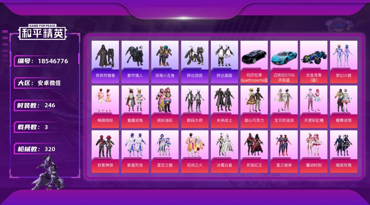 和平精英账号安卓微信"DAS12143可二次 安卓V-5稀有3载具41粉装19特效枪22热门246套装320枪皮 119