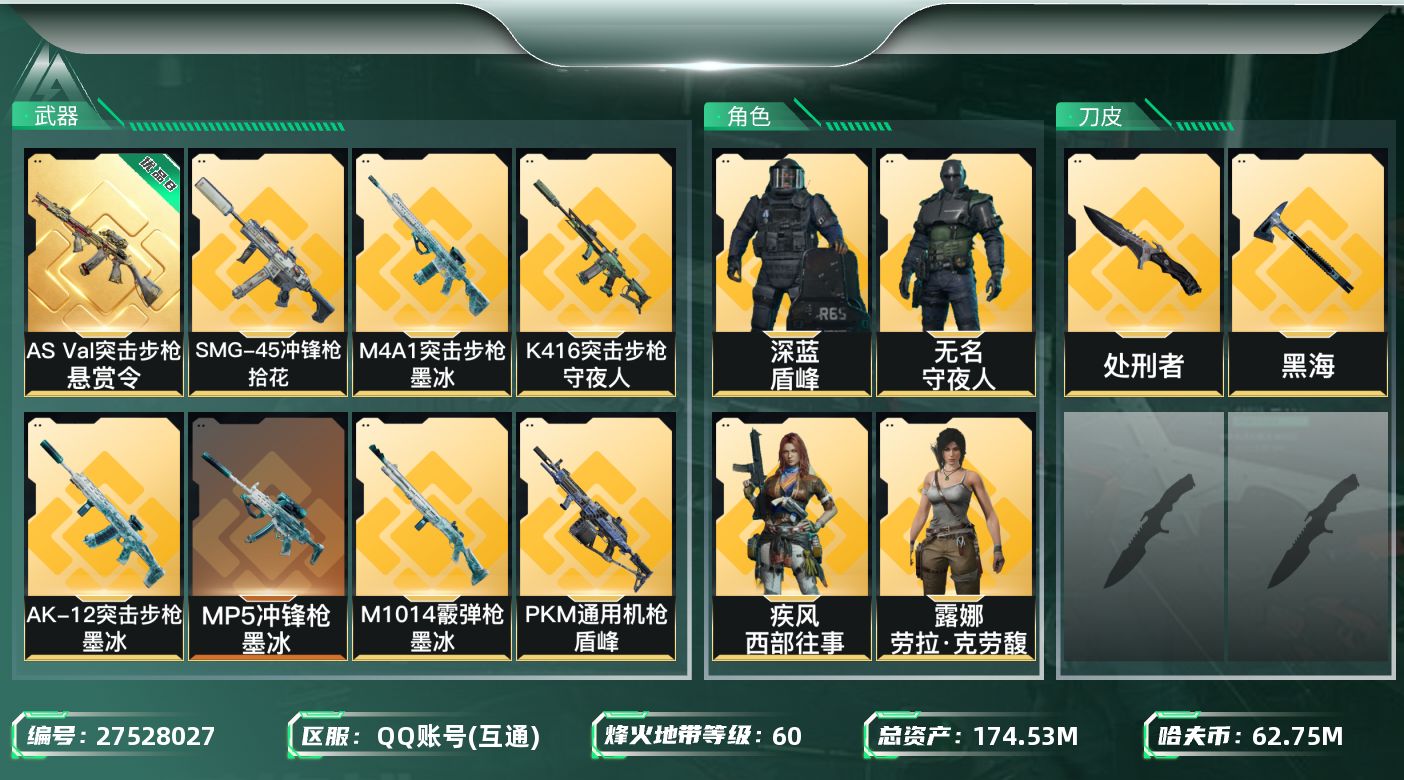 三角洲行动账号QQABC1660/QQ区/总资产：172.55M，哈夫币：6275W，红皮0，刀皮3，传说武器30，史