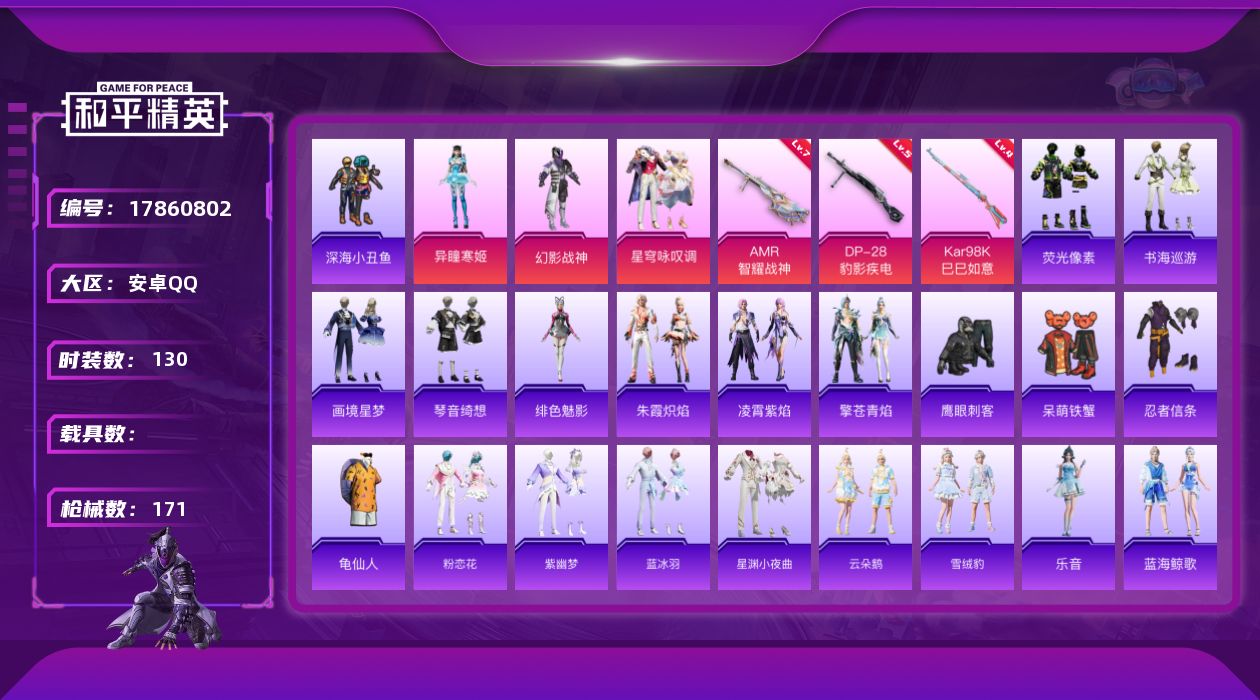 和平精英账号安卓QQ[17860802]可二次【特价出售/店主推荐】/绝世印记1/无敌战神框1 安卓 手Q-无敌战神框-3粉装-5特效枪-1粉色飞行器-41924热力值-11王牌印记-130套装-171枪皮【热门品类】：