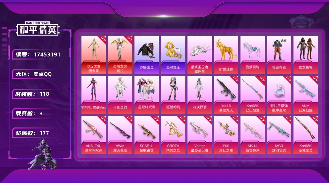 和平精英账号安卓QQ安卓 手Q-2神装-7粉装-15特效枪-3载具-10粉色飞行器-66408热力值-4王牌印记-118
