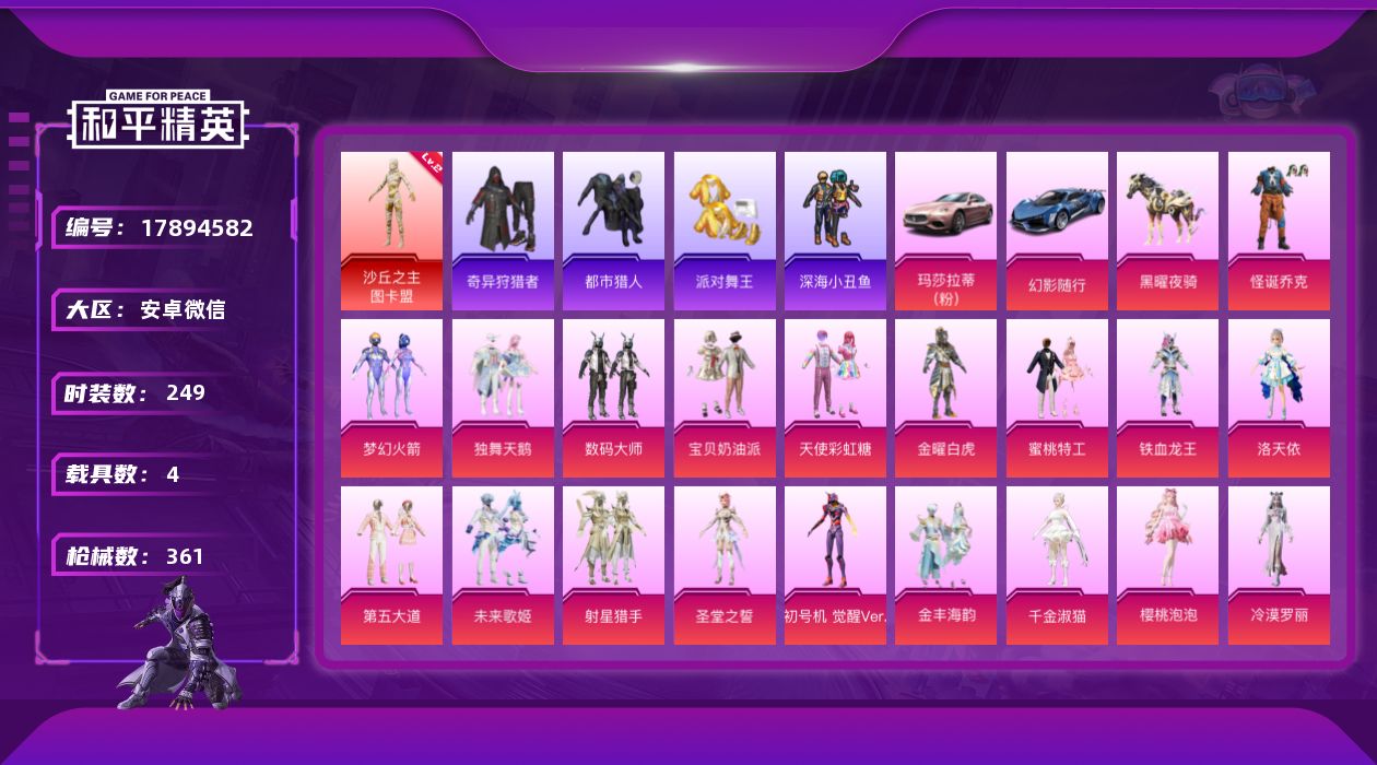 和平精英账号安卓微信[17894582]地铁满天赋！极品男神素材号！【特价出售/店主推荐】安卓 微信-1神装-20粉装-19特效枪-4载具-11粉色飞行器-135716热力值-21王牌印记-249套装-361枪皮【红色神