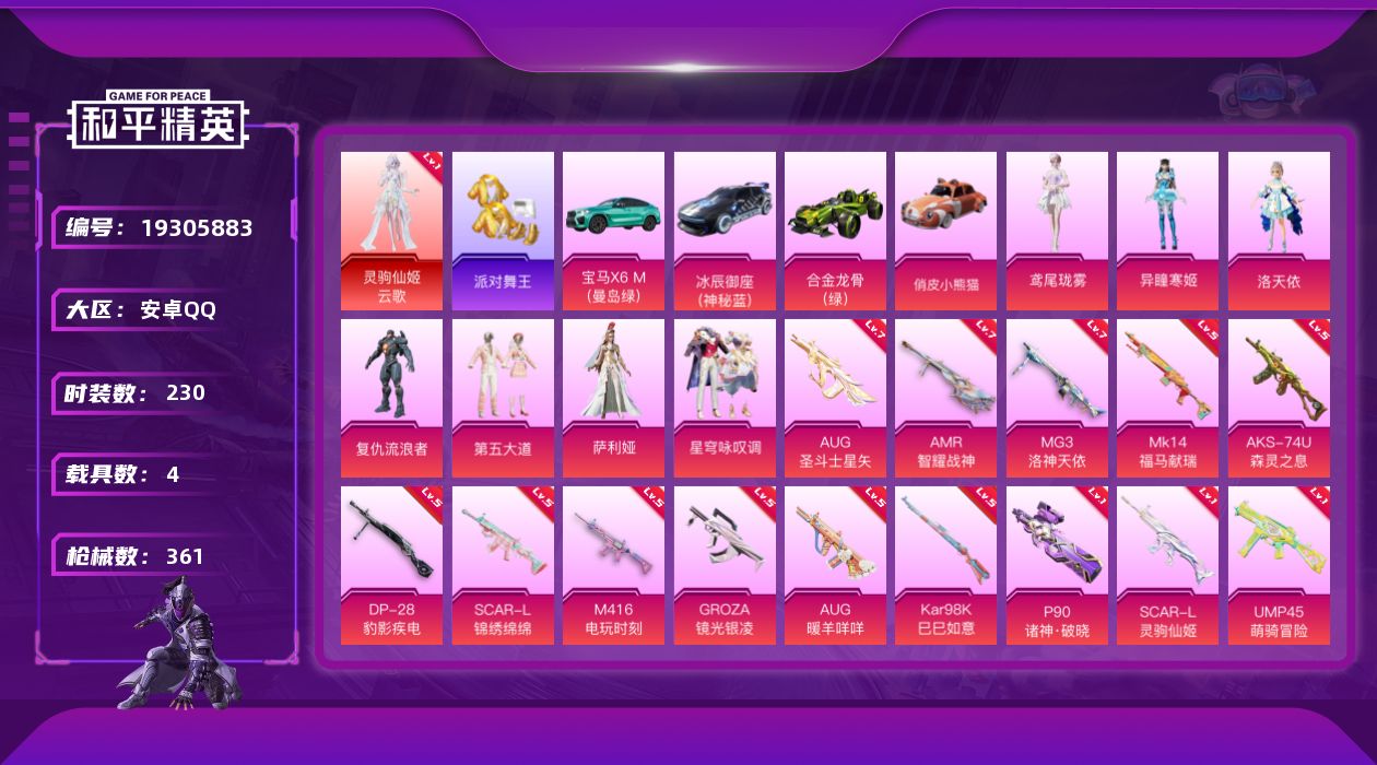 和平精英账号安卓QQ[19305883]230套装/枪械16/装备410/载具4/战备255/王牌印记17/热力值116099/五级SCAR-L-锦绣绵绵/一级SCAR-L-灵驹仙姬/五级M416-电玩时刻/五级GROZ