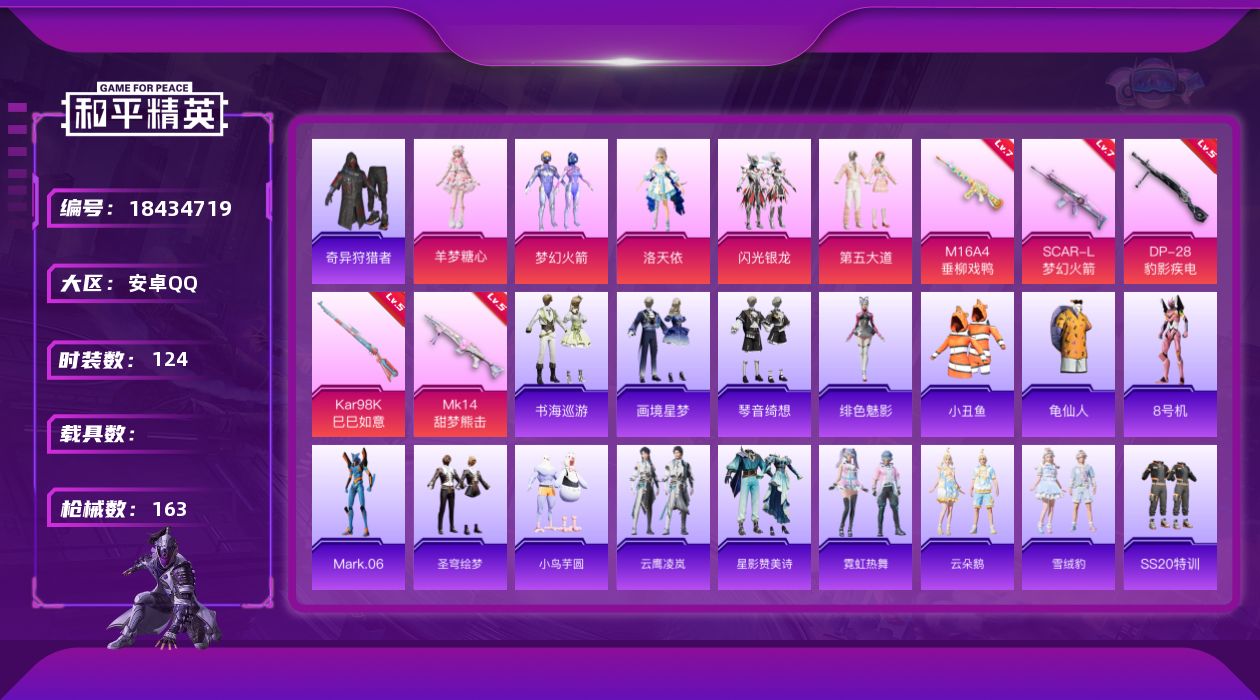 和平精英账号安卓QQ[18434719]安卓 手Q-5粉装-8特效枪-0载具-7粉色飞行器-51587热力值-5王牌印记-124套装-163枪皮
【热门品类】：粉装-梦幻火箭，套装-小丑鱼，套装-奇异狩猎者，套装-龟仙人