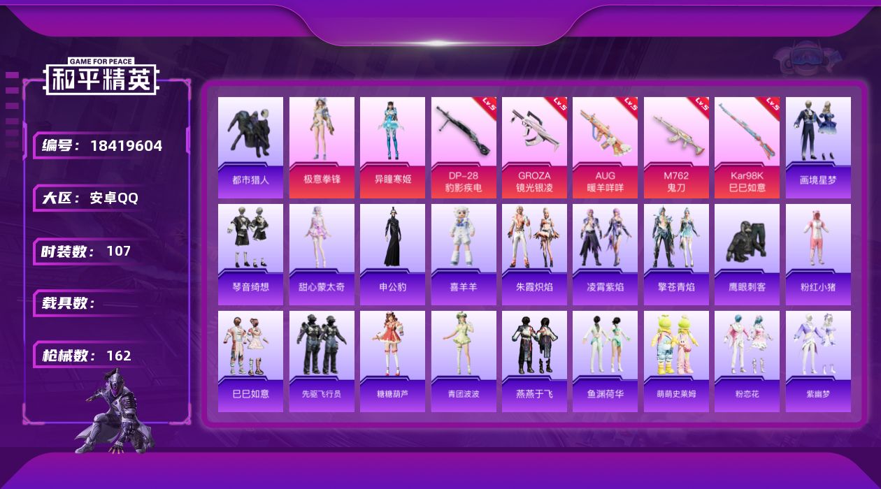 和平精英账号安卓QQ[18419604]安卓 手Q-2粉装-8特效枪-0载具-1粉色飞行器-41045热力值-9王牌印记-107套装-162枪皮
【热门品类】：套装-都市猎人，套装-粉红小猪
【粉色套装】：角色-异瞳寒姬