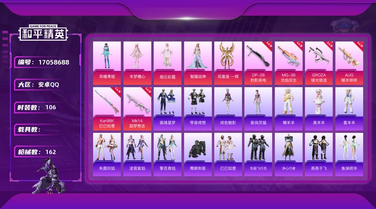 和平精英账号安卓QQ[17058688]安卓 手Q-5粉装-6特效枪-0载具-2粉色飞行器-45989热力值-4王牌印记-106套装-162枪皮
【粉色套装】：角色-烟云彩露，角色-智耀战神，角色-凤凰座 一辉，角色-羊