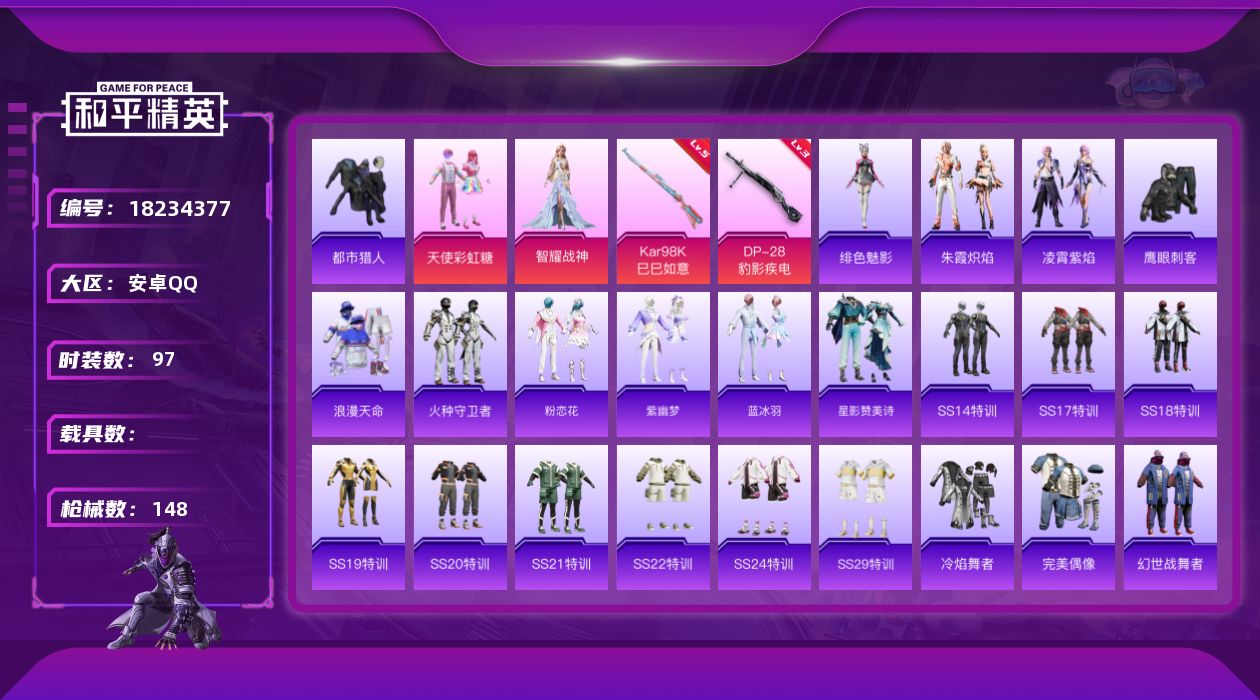 和平精英账号安卓QQ[18234377]可二次【特价出售/店主推荐】安卓 手Q-2粉装-4特效枪-40126热力值-5王牌印记-97套装-148枪皮【热门品类】：套装-浪漫天命，套装-都市猎人【粉色套装】：粉装-天使彩虹