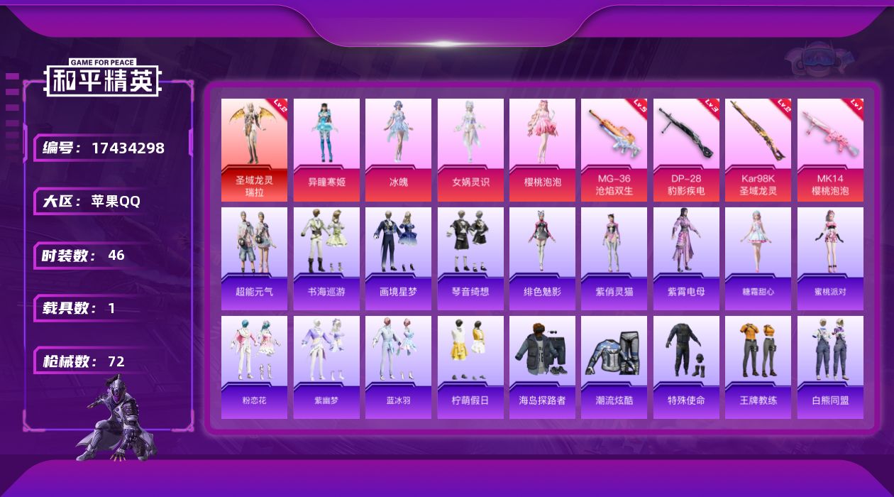 和平精英账号苹果QQ[17434298]苹果 手Q-2神装-4粉装-7特效枪-1载具-4粉色飞行器-38334热力值-1王牌印记-46套装-72枪皮
【红色神装等级】：暮色玫影-艾丽娅(六级)，圣域龙灵-瑞拉(二级)
【