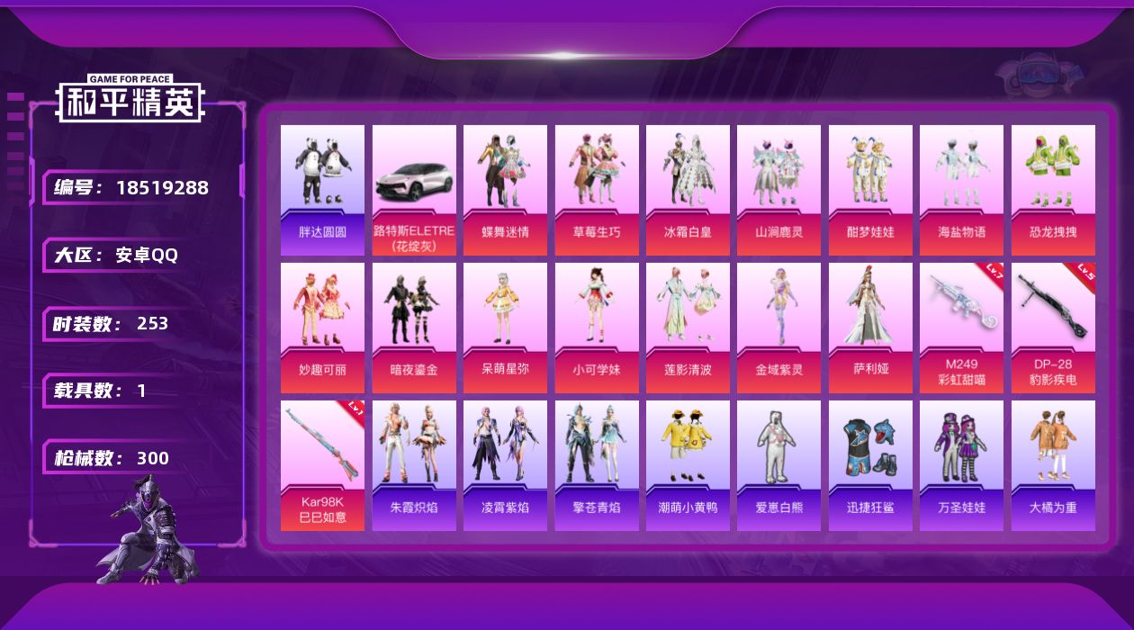 和平精英账号安卓QQ[18519288]安卓 手Q-15粉装-4特效枪-1载具-3粉色飞行器-96980热力值-9王牌印记-253套装-300枪皮
【热门品类】：套装-浪漫天命，套装-胖达圆圆，套装-龟仙人，套装-潮萌小