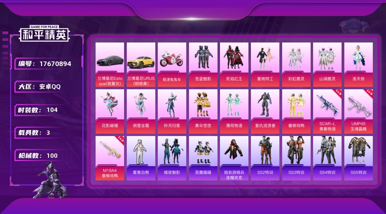 和平精英账号安卓QQ[17670894]安卓 手Q-13粉装-3特效枪-3载具-2粉色飞行器-39803热力值-3王牌印记-104套装-100枪皮
【热门品类】：熔岩游骑兵连帽夹克
【粉色套装】：粉装-苍蓝魅影，粉装-炙