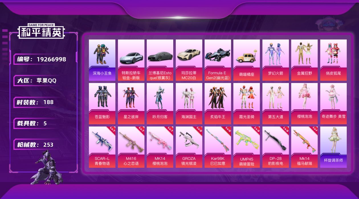 和平精英账号苹果QQ[19266998]苹果 手Q-12粉装-8特效枪-5载具-6粉色飞行器-90810热力值-6王牌印记-188套装-253枪皮
【热门品类】：粉装-梦幻火箭，套装-深海小丑鱼，套装-龟仙人，套装-粉红