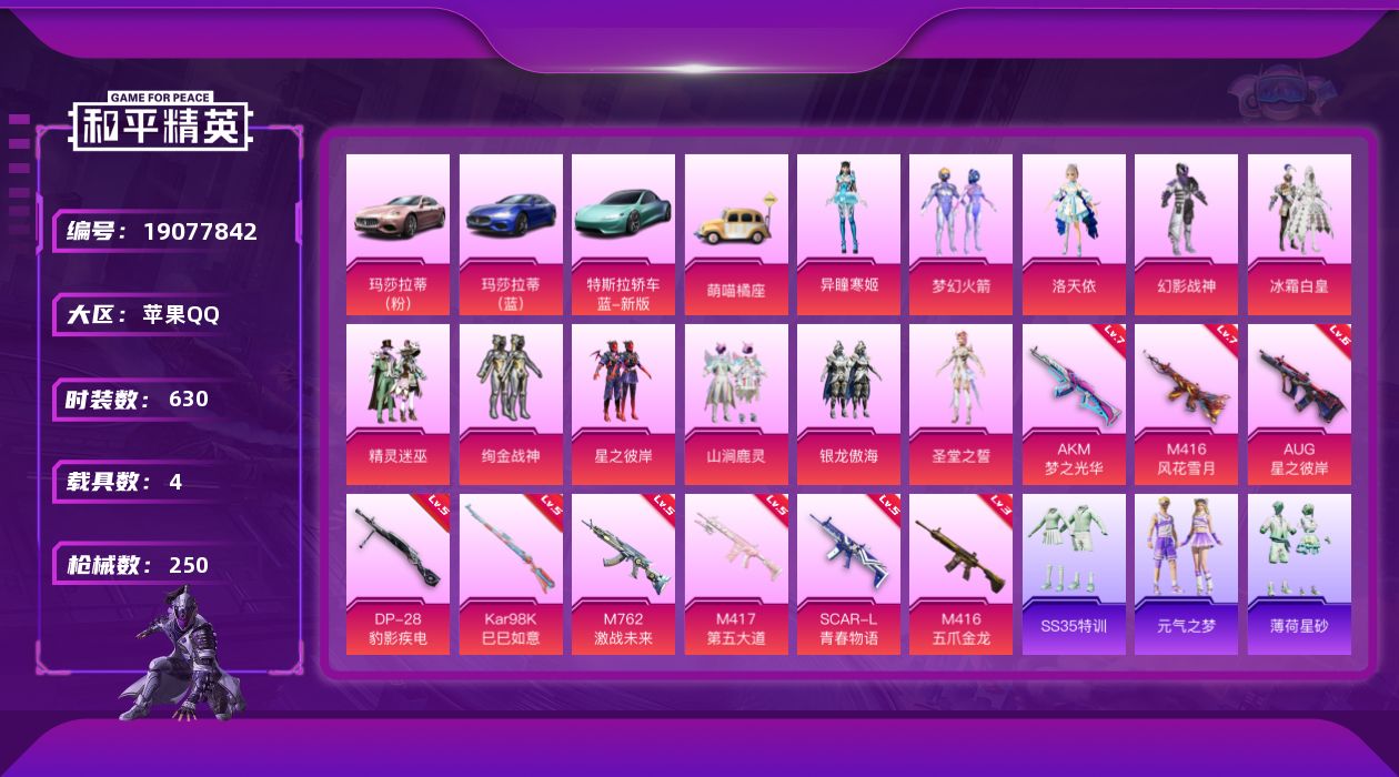 和平精英账号苹果QQ4载具-178套装-250枪皮-2稀有4载具11粉装9特效枪30热门178套装250枪皮 84425
