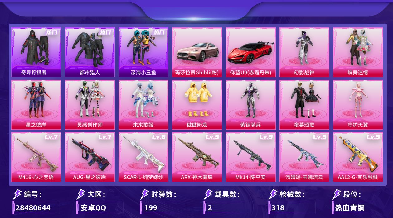 [28480644]都市猎人，8号机，AUG-超新星(一级)，【特价出售/店主推荐】安卓手Q-历史最高段位：卓越王牌16星-9粉装-21特效枪-2载具-3粉色飞行器-97618热力值-13王牌印记-199套装-318枪皮
【热门品类】：套装-浪漫天命，套装-都市猎人，套装-深海小丑鱼，套装-小丑鱼，套装-奇异狩猎者，套装-忍者信条，角色-忠真马岱，套装-龟仙人，套装-暗影哥特，角色-8号机，角色-Mark.06，大砍刀-青龙偃月刀
【粉色套装】：粉装-幻影战神，粉装-蝶舞迷情，粉装-星之彼岸，粉装-灵感创作师，粉装-未来歌姬，粉装-傲傲奶龙，角色-紫钛骑兵，粉装-夜幕颂歌，角色-守护天翼
【粉色枪皮等级】：轻型迫击炮-酷夏轰炸(一级)，AKM-梦之光华(五级)，AKM-绿萝繁花(五级)，SCAR-L-纯梦嫁纱(六级)，SCAR-L-锦绣绵绵(五级)，M416-心之恋语(七级)，GROZA-镜光银凌(五级)，AUG-星之彼岸(七级)，AUG-超新星(一级)，M762-青锋波束(五级)，ACE32-萌骑漫游(四级)，ARX-神木藏锋(五级)，UMP45-量子极限(五级)，汤姆逊-玉魄流云(五级)，AKS-74U-森灵之息(五级)，Kar98K-巳巳如意(三级)，Mk14-福马献瑞(四级)，Mk14-陈平安(五级)，AA12-G-其乐融融(五级)，DP-28-豹影疾电(三级)，MG3-突变脉冲(五级)
【粉色载具】：玛莎拉蒂Ghibli（粉），仰望U9（赤霞丹朱）
【粉色枪皮】：轻型迫击炮-酷夏轰炸，AKM-梦之光华，AKM-绿萝繁花，SCAR-L-纯梦嫁纱，SCAR-L-锦绣绵绵，M416-心之恋语，GROZA-镜光银凌，AUG-星之彼岸，AUG-超新星，M762-青锋波束，ACE32-萌骑漫游，ARX-神木藏锋，UMP45-量子极限，汤姆逊-玉魄流云，AKS-74U-森灵之息，Kar98K-巳巳如意，Mk14-福马献瑞，Mk14-陈平安，AA12-G-其乐融融，DP-28-豹影疾电，MG3-突变脉冲
【粉色飞行器】：萌酷奶龙飞行器，幻星舰长飞行器
【粉色降落伞】：破风疾驰降落伞，幻影战神降落伞，百万伏特降落伞，未来战士降落伞，春暖花开降落伞，梦幻火箭降落伞，星之彼岸降落伞，恐龙拽拽降落伞，太空嘟嘟降落伞，飒粉甜心降落伞，黄族统领降落伞，未来歌姬降落伞，拂晓神骑降落伞，炫光之旅降落伞，圣