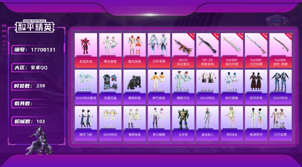 和平精英账号安卓QQ4粉装5枪皮 4降落伞 实名: 可修改 时装数: 238 枪械数: 102 战备数: 63 热门装扮