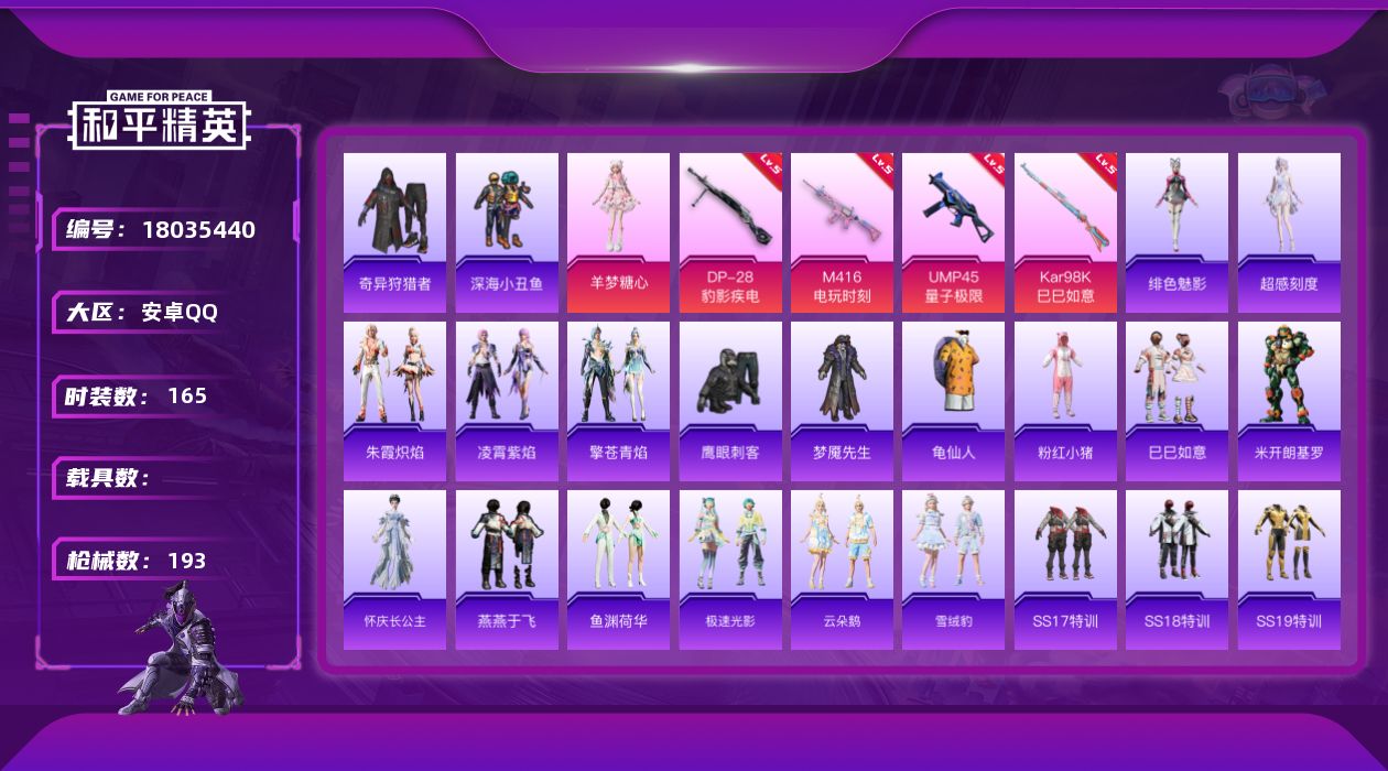 和平精英账号安卓QQ[18035440]安卓 手Q-1粉装-7特效枪-0载具-2粉色飞行器-54861热力值-13王牌印记-165套装-193枪皮
【热门品类】：套装-深海小丑鱼，套装-奇异狩猎者，套装-龟仙人，套装-粉