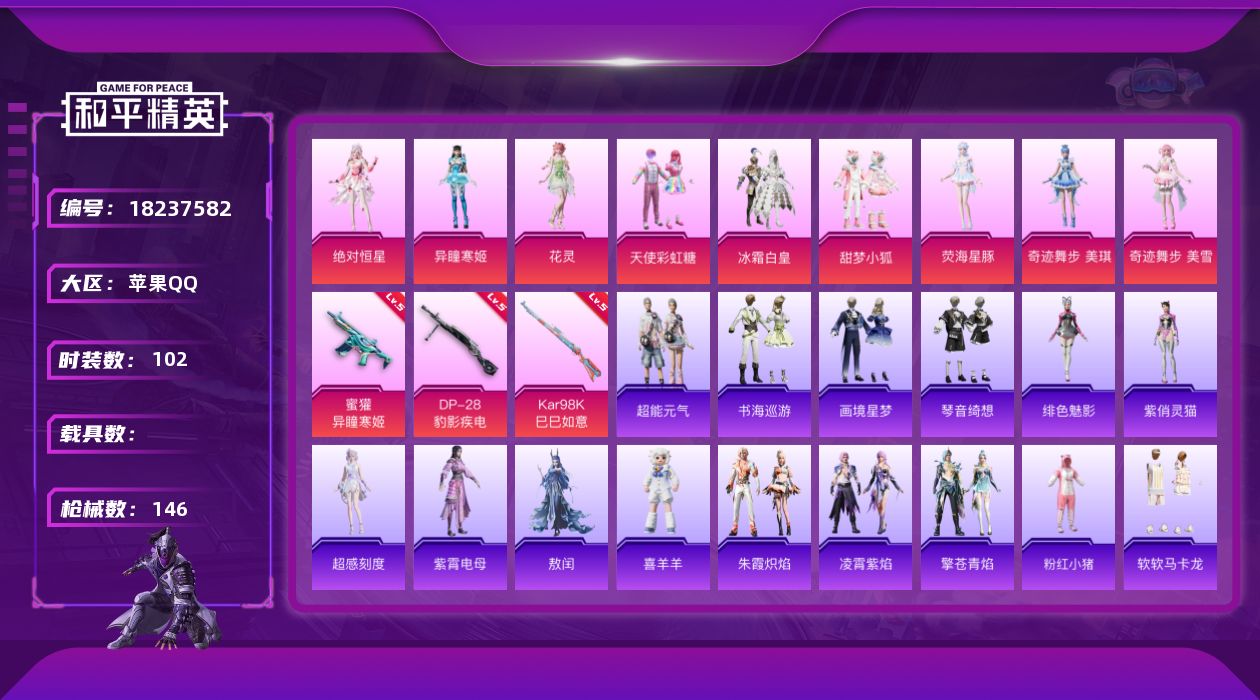 和平精英账号苹果QQ[18237582]苹果 手Q-12粉装-7特效枪-0载具-2粉色飞行器-41531热力值-5王牌印记-102套装-146枪皮
【热门品类】：套装-粉红小猪，套装-软软马卡龙
【粉色套装】：角色-绝对