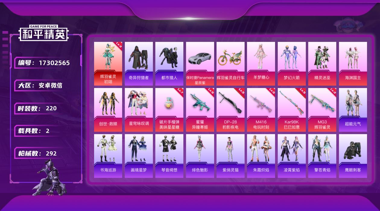 和平精英账号安卓微信[17302565]【店主推荐捡漏号！有二次可直接换绑】安卓 微信-1神装-6粉装-7特效枪-2载具-3粉色飞行器-97769热力值-8王牌印记-220套装-292枪皮【红色神装等级】：辉羽雀灵-初翊