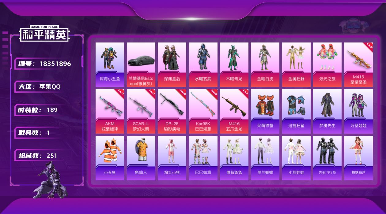 和平精英账号苹果QQ[18351896]M416-至情至圣(八级)【特价出售/店主推荐】苹果 手Q-6粉装-6特效枪-1载具-0粉色飞行器-81547热力值-18王牌印记-189套装-251枪皮【热门品类】：套装-深海小
