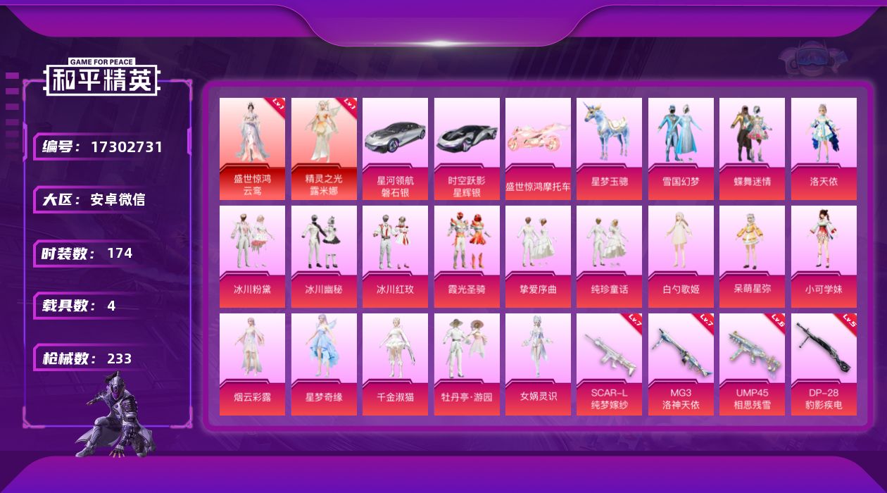 和平精英账号安卓微信[17302731]送手机！裙子公主号！安卓 微信-2神装-18粉装-15特效枪-4载具-9粉色飞行器-85447热力值-7王牌印记-174套装-233枪皮
【红色神装等级】：盛世惊鸿-云鸾(一级)，