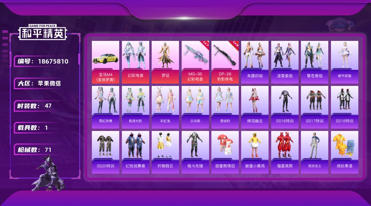 和平精英账号苹果微信[18675810]【店主推荐捡漏号！可直接换绑】苹果 微信-2粉装-2特效枪-1载具-2粉色飞行器-22750热力值-4王牌印记-47套装-71枪皮【粉色套装】：粉装-幻彩电音，角色-罗征【粉色枪皮