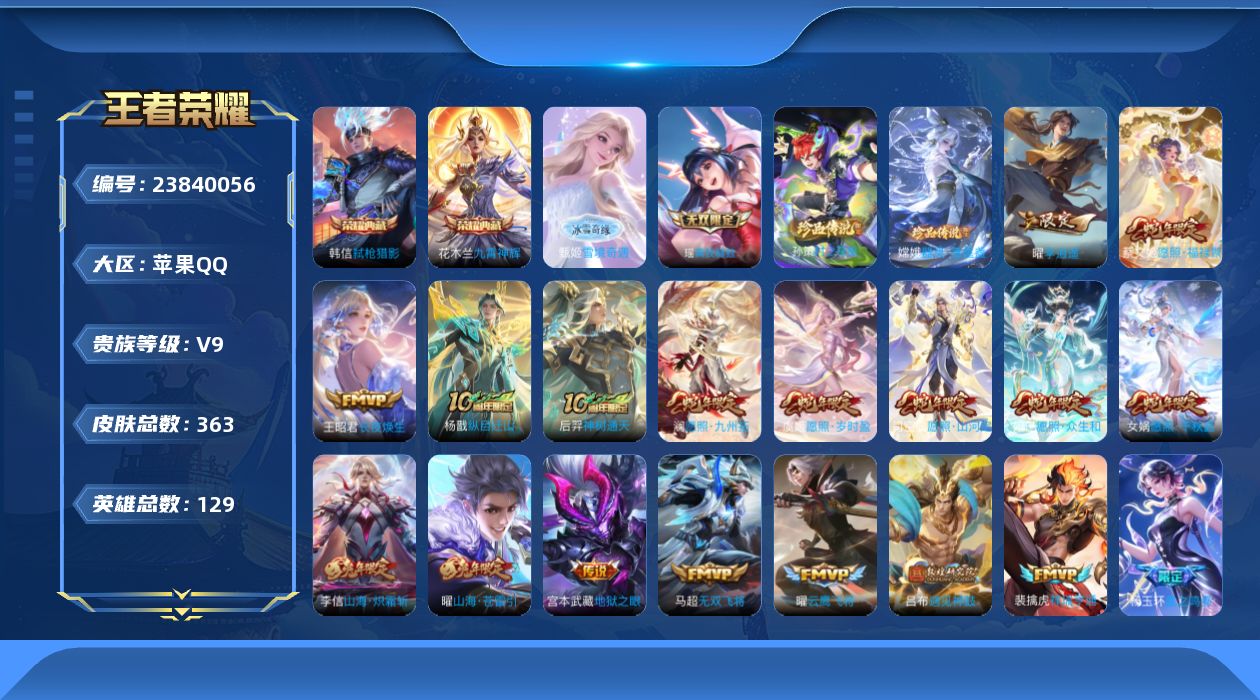 王者荣耀账号苹果QQ贵族9 荣耀典藏3 无双2 珍品传说2 传说皮肤31 史诗皮肤97 皮肤数量361 皮肤价值:279964 英雄129 非凡王者 总场次12224