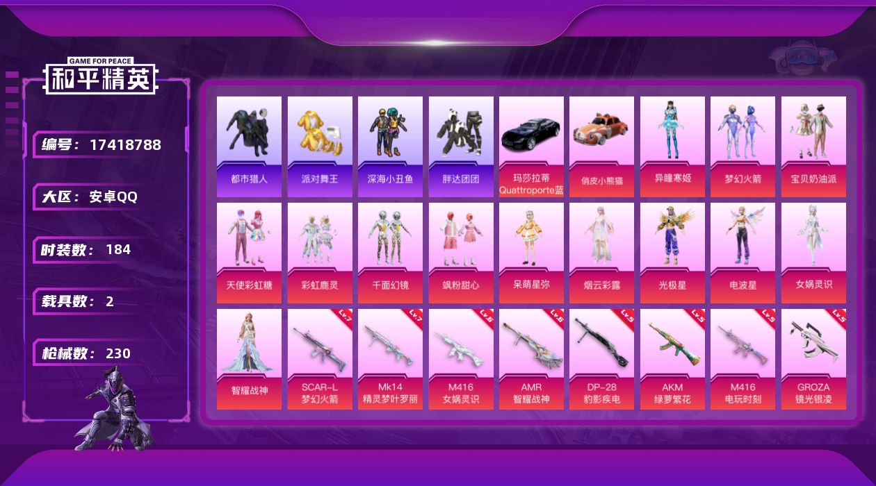 和平精英账号安卓QQ[17418788]安卓 手Q-13粉装-16特效枪-2载具-9粉色飞行器-86204热力值-13王牌印记-184套装-230枪皮
【热门品类】：粉装-梦幻火箭，套装-浪漫天命，套装-都市猎人，套装-