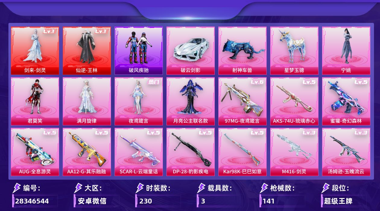 []2红装 9粉装 14特效枪 3载具 6印记 可二次 可修改实名 
【一级神装】一级剑来-剑灵,一级仙逆-王林
【热门装扮】君莫笑,满月旋律,夜鸢箴言,月亮公主联名款,宁姚,皎白汐音
【载具】星梦玉骢,射神车兽,破云剑影
【稀有枪皮】DP-28-豹影疾电,Kar98K-巳巳如意,M