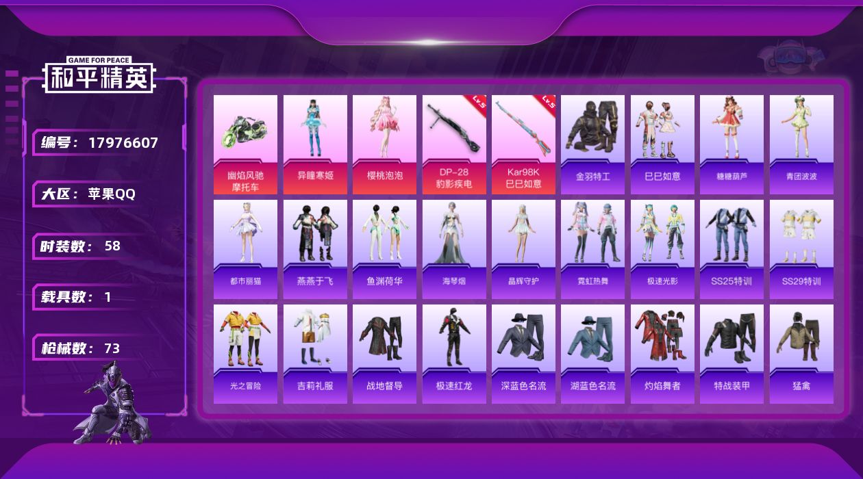 和平精英账号苹果QQ[17976607]可二次【特价出售/店主推荐】苹果 手Q-2粉装-2特效枪-1载具-1粉色飞行器-20185热力值-4王牌印记-58套装-73枪皮【热门品类】：套装-金羽特工【粉色套装】：角色-樱桃